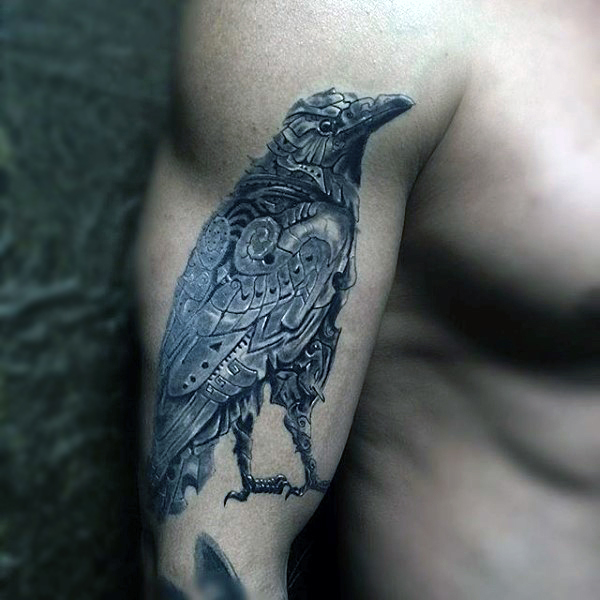 Bio Mechanical Raven Tattoo On Man Right Bicep