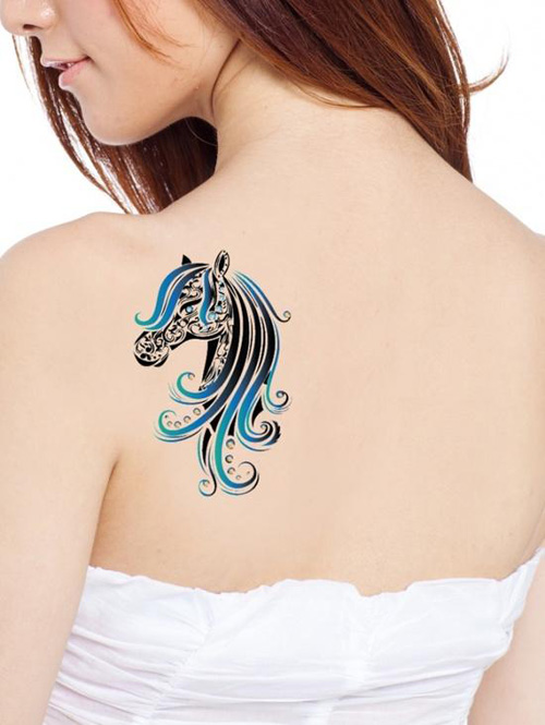 Black And Blue Horse Head Tattoo On Left Back Shoulder