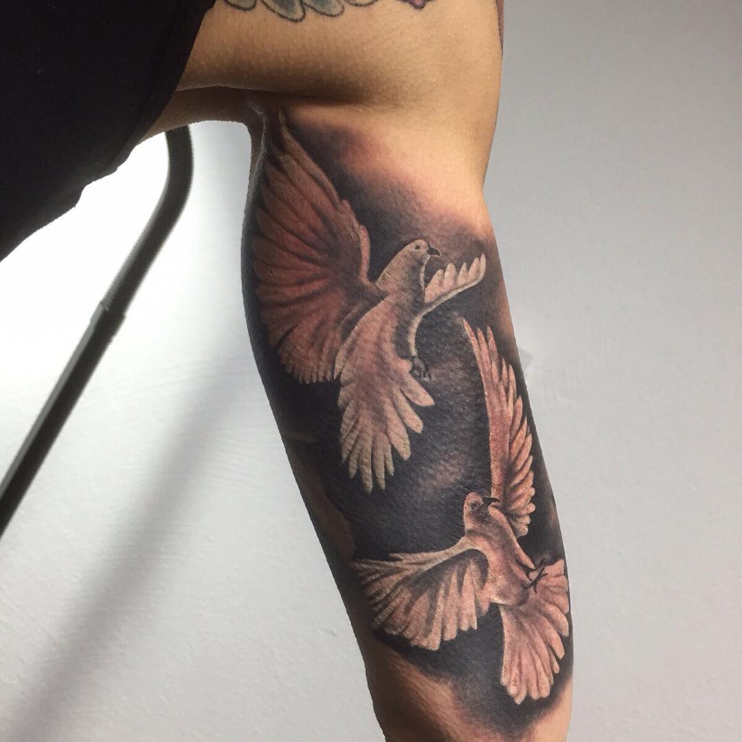 Black And Grey Dove Tattoos On Inner Bicep