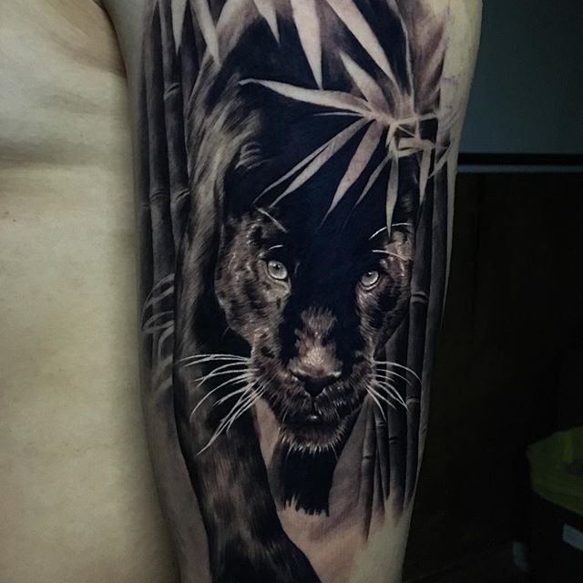 Black And Grey Panther Tattoo On Arm Sleeve