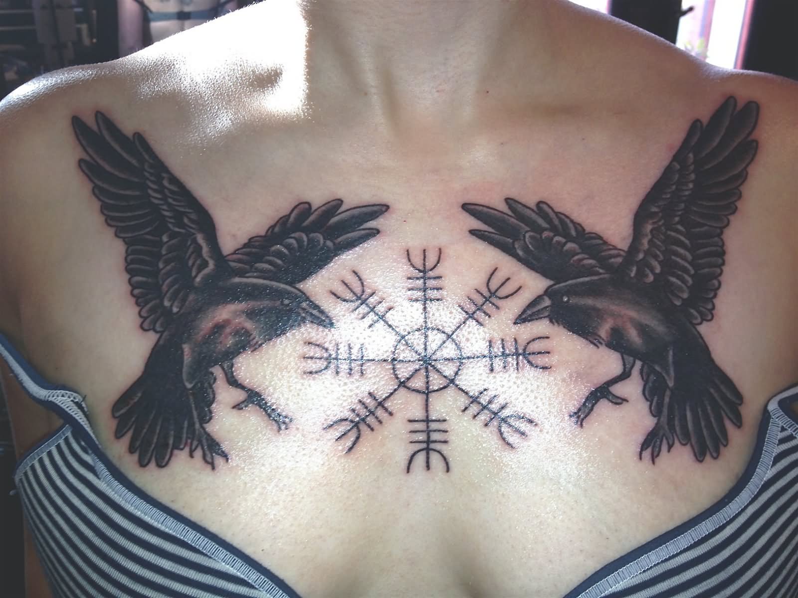 Black And Grey Raven Tattoos On Girl Chest