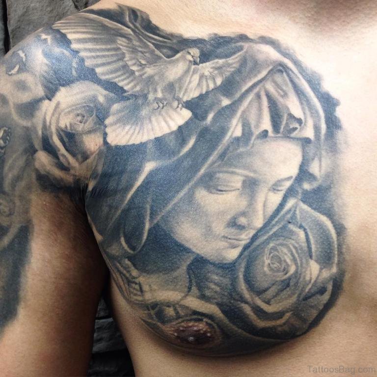 Black And Grey Roses And Flying Dove Tattoo On Chest