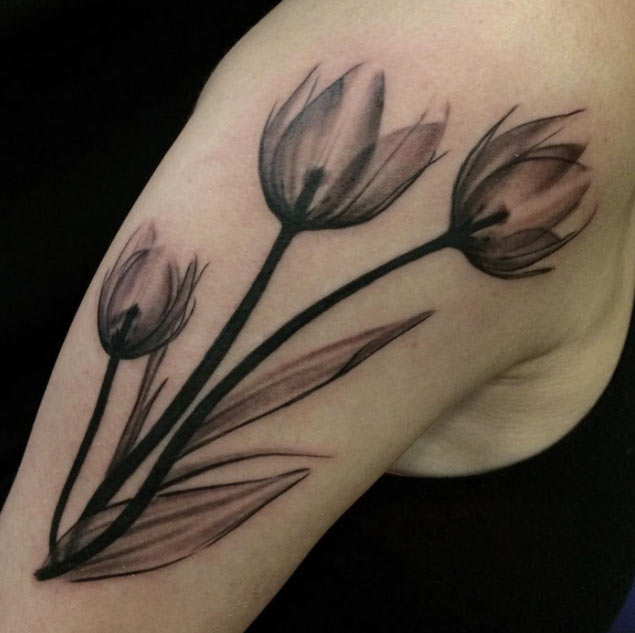 Black And Grey Tulip Flowers Tattoos On Shoulder