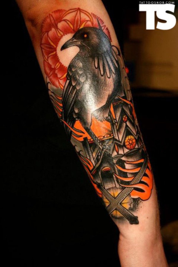 Black And Orange Ink Traditional Raven Tattoo On Arm Sleeve