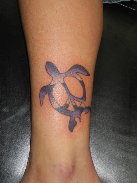 Black And Purple Ink Peace Turtle Tattoo On Side Leg