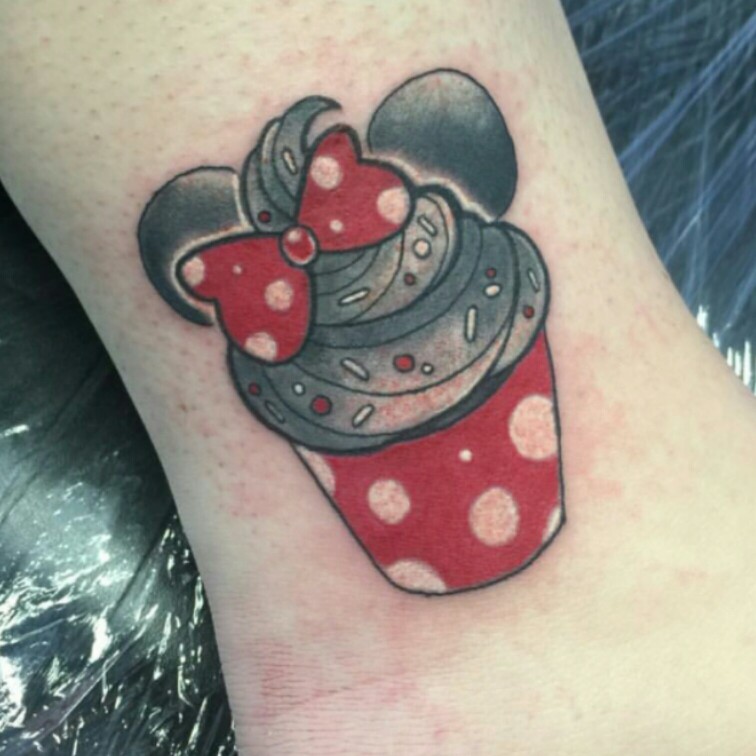 Black And Red Cupcake Tattoo On Ankle