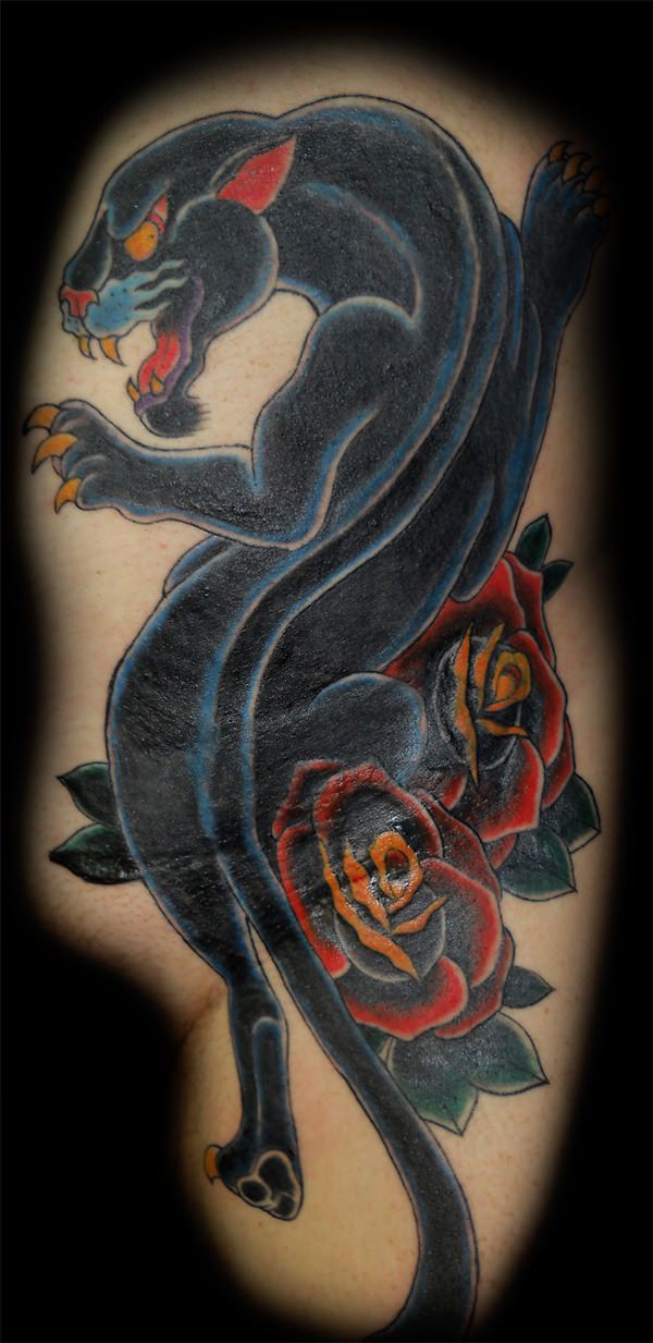 Black And Red Rose With Black Panther Tattoo Design