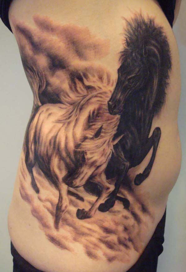 Black And White Realistic Horse Tattoos On Side Rib