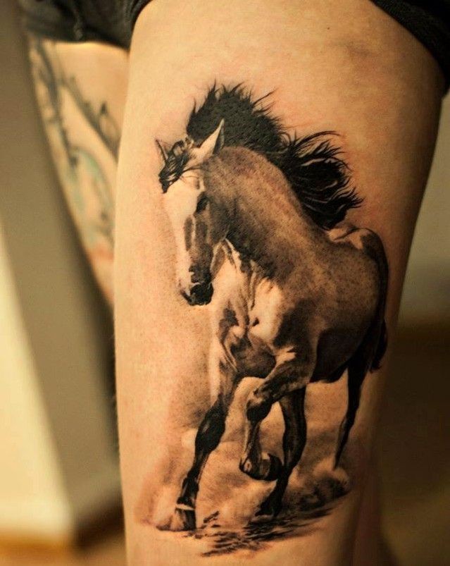 Black And White Running 3D Horse Tattoo On Side Leg