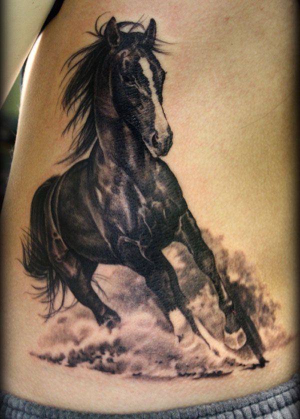 Black And White Running Horse Tattoo On Waist