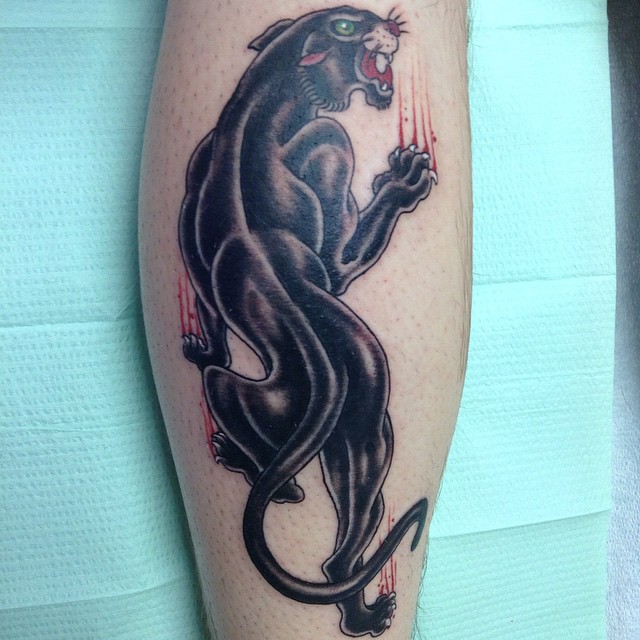 Black Angry Panther Tattoo On Back Leg