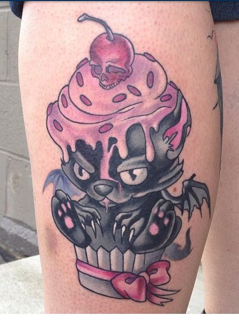 Black Cat on Cupcake Tattoo On right Thigh