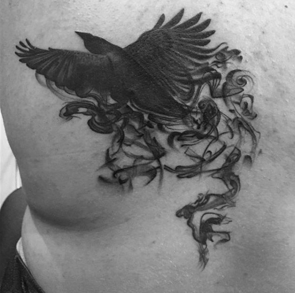 Black Ink Abstract Raven Tattoo On Back