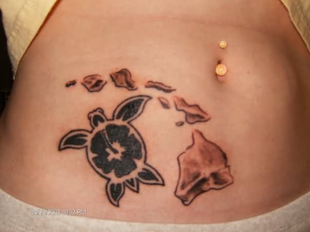 Black Ink Hawaiian Flower In Turtle Tattoo On Right Hip