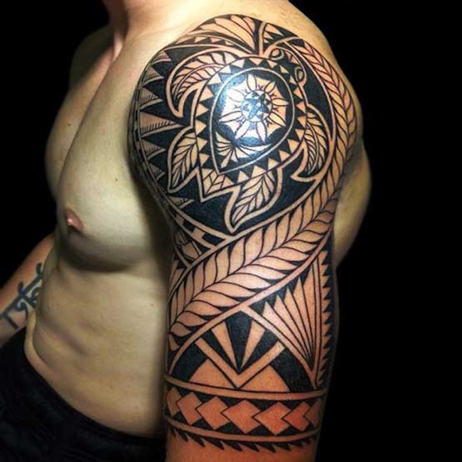 Black Ink Polynesian Turtle Tattoo On Man Left Half Sleeve
