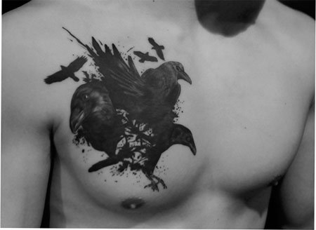 Black Ink Raven Tattoos On Man Chest