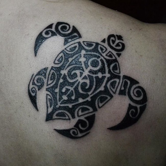 Black Ink Sea Turtle Tattoo On Back Body