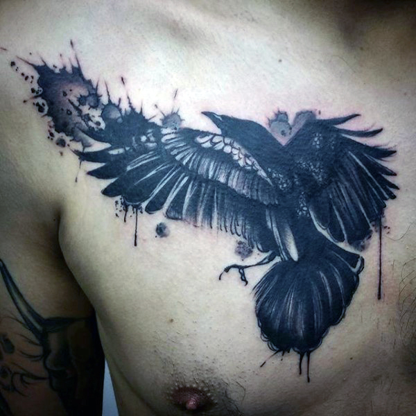 Black Ink Spread Wings Raven Tattoo On Man Chest