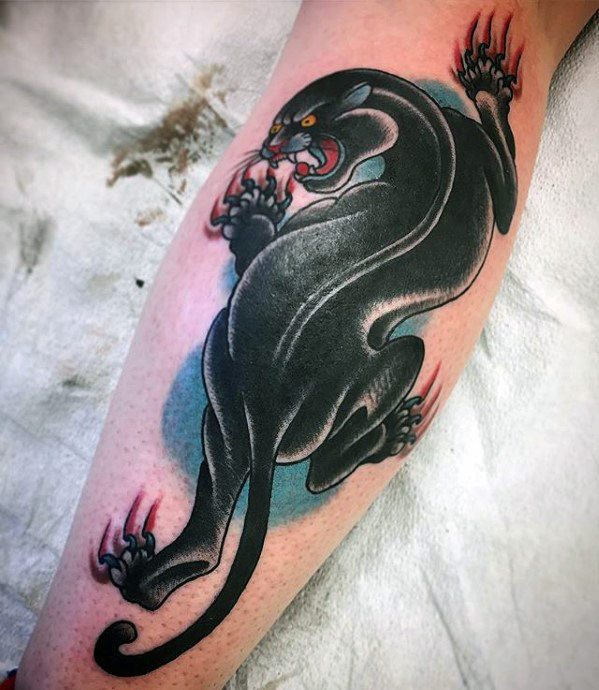 Black Ink Traditional Panther Tattoo On Back Leg