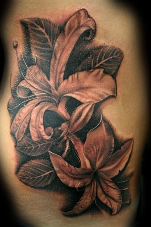 Black Leaves And Grey Flowers Tattoo Design