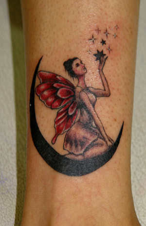 Black Moon And Fairy With Star Tattoo On Side Leg