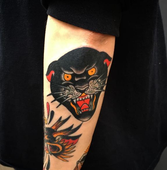 Black Panther Head Tattoo On Arm Sleeve