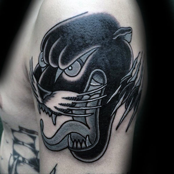 Black Panther Head Tattoo On Man Left Shoulder