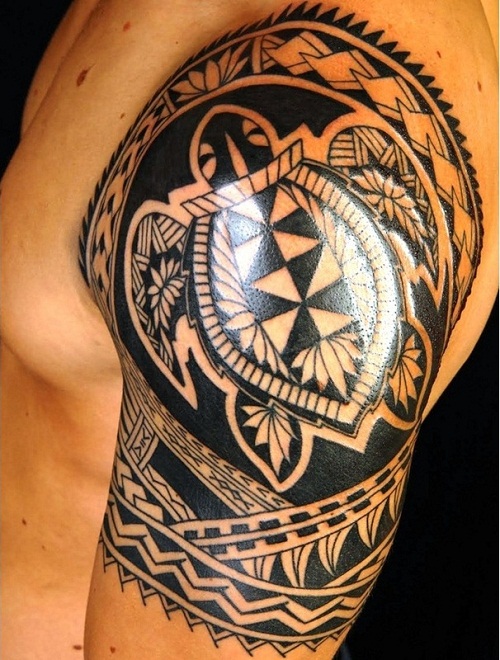 Black Polynesian Turtle Tattoo On Man Left Shoulder