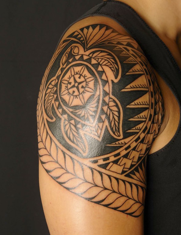 Black Polynesian Turtle Tattoo On Man Shoulder