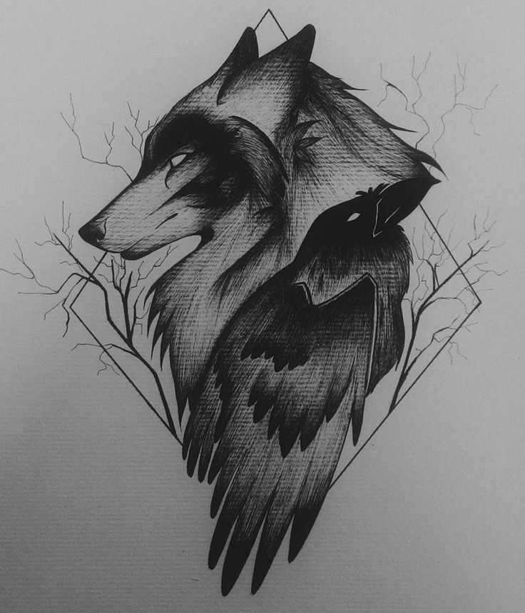 Black Raven And Wolf Head Tattoo Design