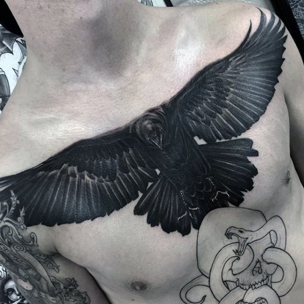 Black Raven Tattoo On Chest For Men