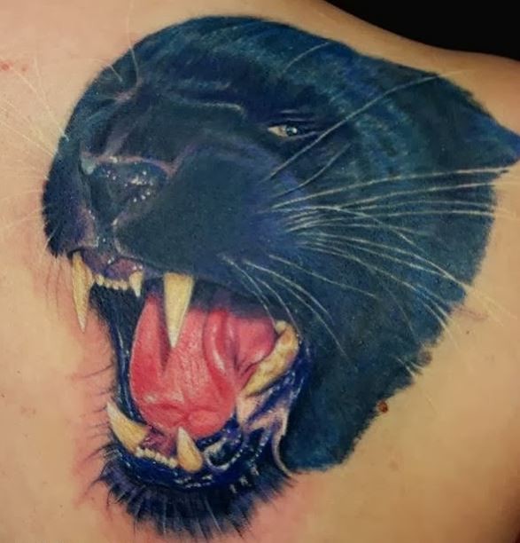 Black Realistic Panther Tattoo On Right Back Shoulder