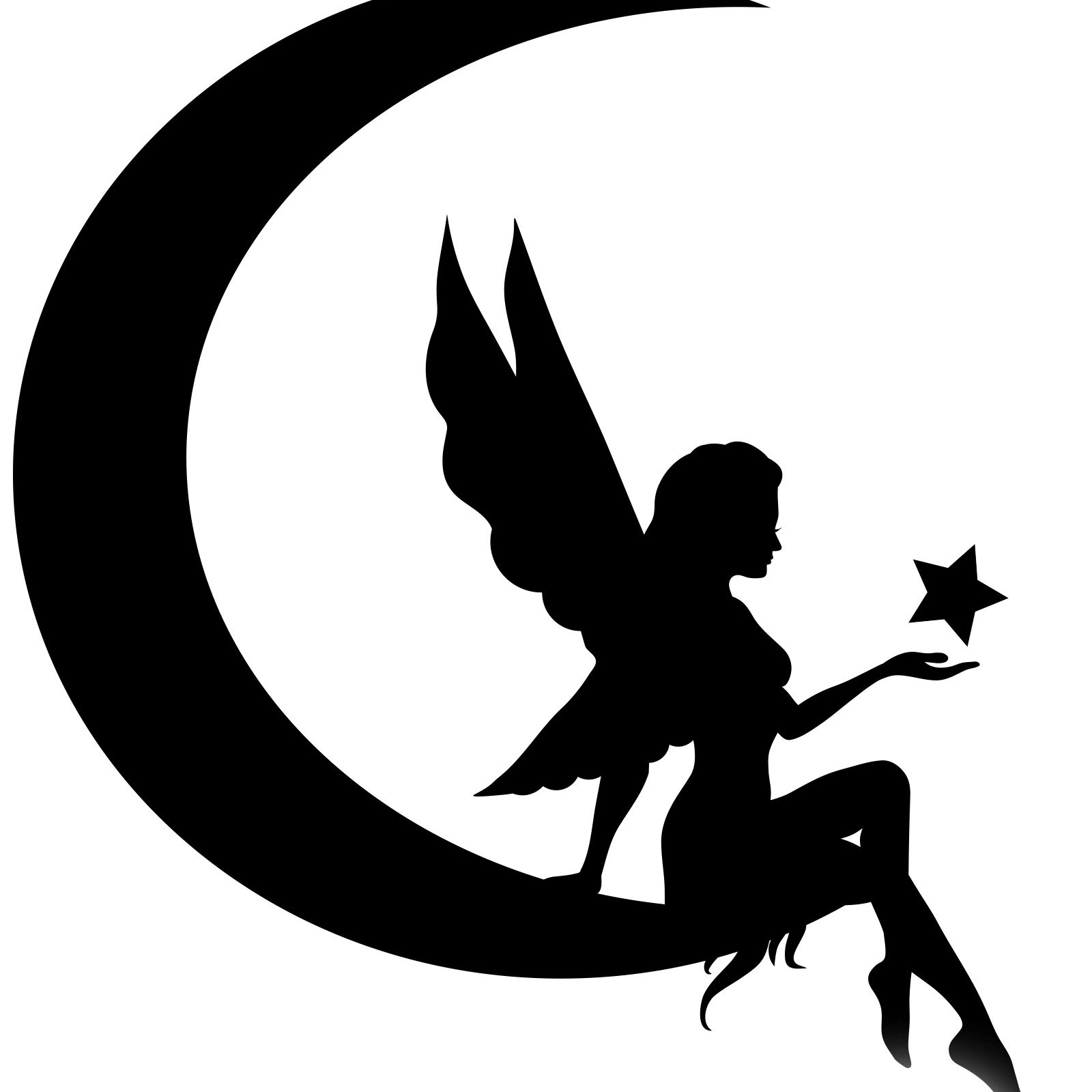 Black Silhouette Moon With Fairy And Star Tattoo Design