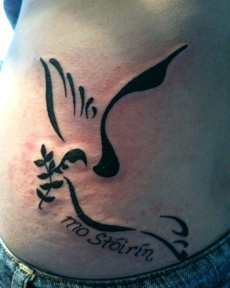Black Tribal Peace Dove Tattoo On Lower Back