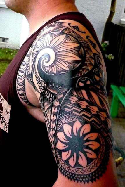 Black and Grey Polynesian Turtle Tattoo On Man Left Half Sleeve