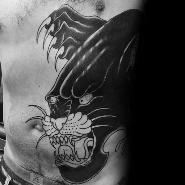 Black and White Panther Tattoo On Man Side Rib