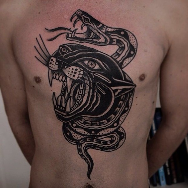 Black ink Snake And Panther Fighting Tattoo On Man Chest
