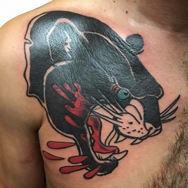 Bleeding Mouth Black Panther Tattoo On Man Front Shoulder