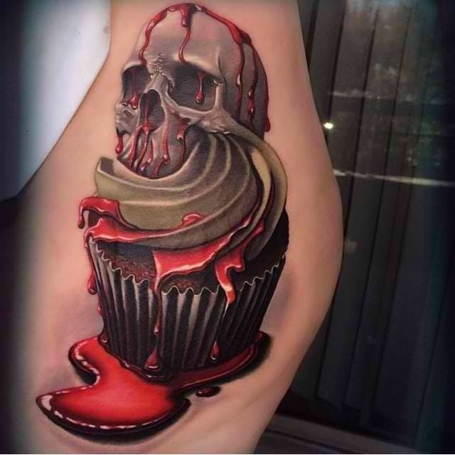 Bleeding Skull And Cupcake Tattoo
