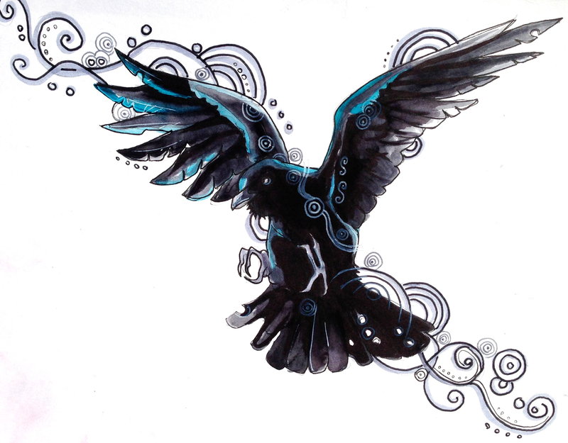 Blue And Black Ink Flying Raven With Swirl Tattoo Design