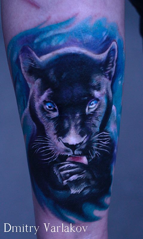 Blue And Black Ink Panther Tattoo by Dmitry Varlakov