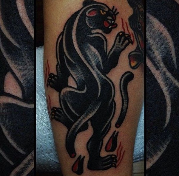 Blue And Black Panther Tattoo On Leg