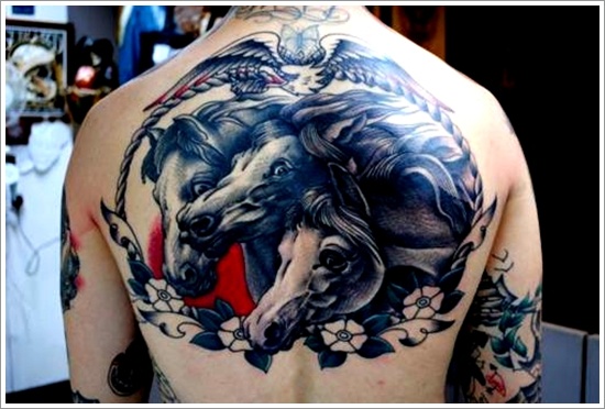 Blue And Grey Three 3D Horse Tattoos On Upper Back