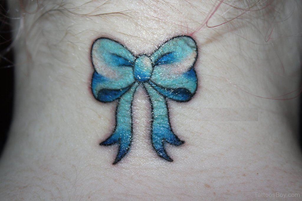 Blue Bow Tattoo On Girl Nape