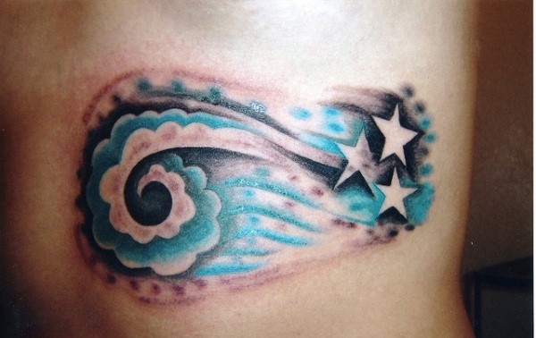 Blue Clouds And Stars Tattoo On Side Rib
