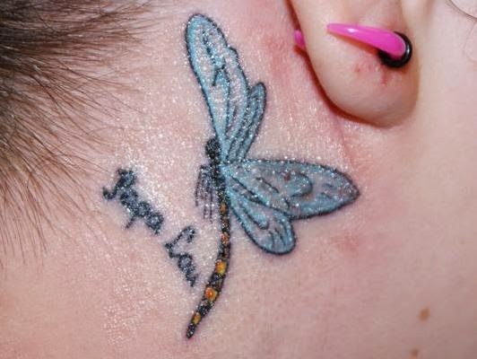 Blue Dragonfly Tattoo Behind The Ear