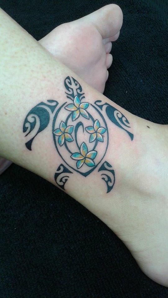 Blue Flowers And Turtle Tattoo On Girl Ankle