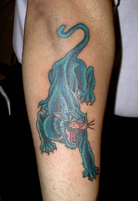 Blue Ink Angry Panther Tattoo On Arm Sleeve