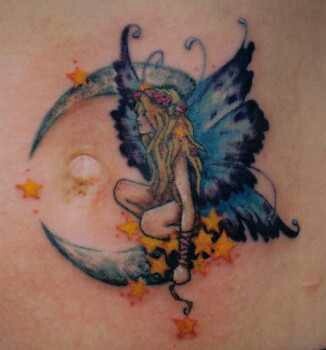 Blue Ink Fairy Girl And Stars Tattoo Idea