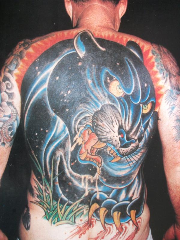 Blue Ink Panther Tattoo On Full Back